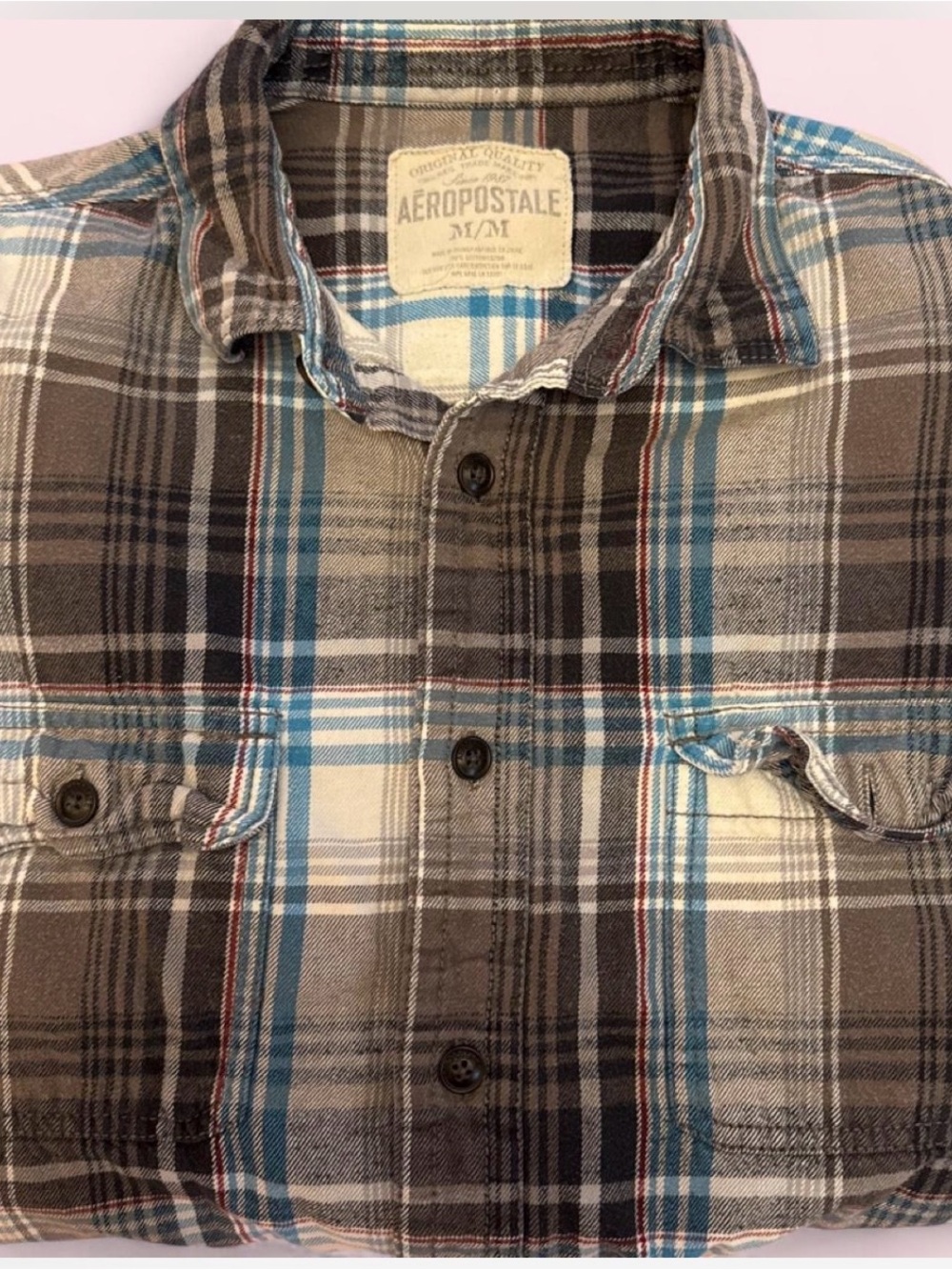 Aeropostale Men's Brown, Blue & Cream Plaid Button-Front Shirt